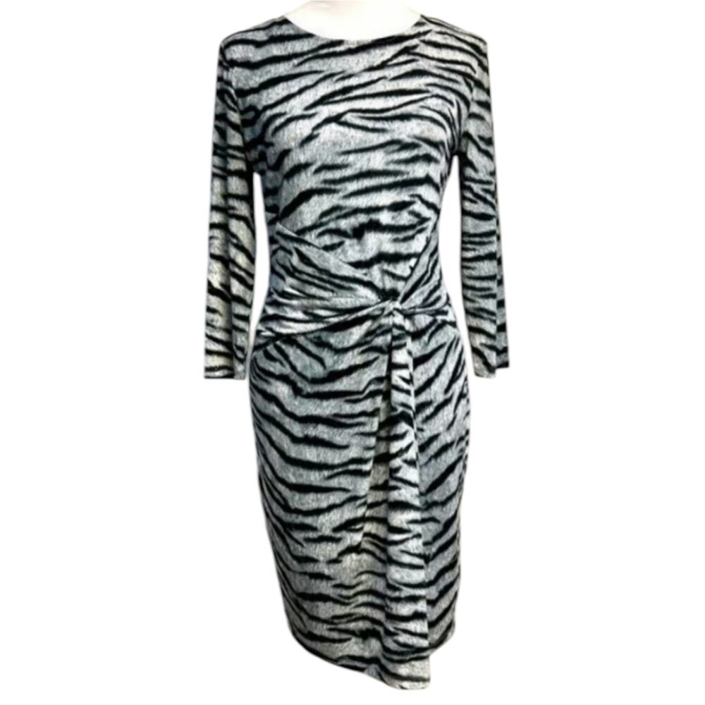 Michael Kors Zebra Print Dress Gathered Waist Three-Quarter Sleeves Size XL‎ NEW